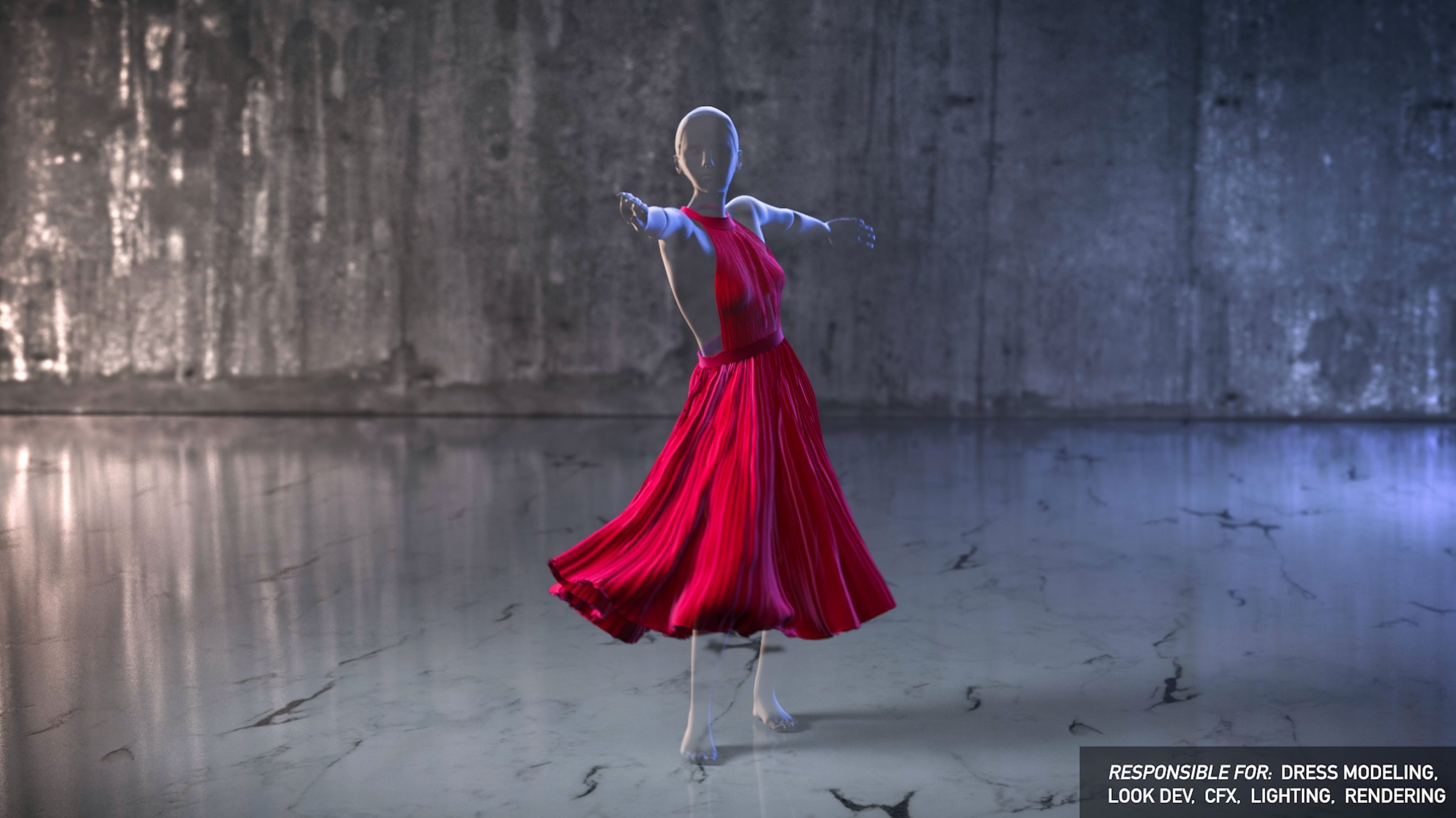 A dancer in a flowing red dress, mid-turn in an empty concrete room, with a card listing what I did: dress modeling, look dev, CFX, lighting, rendering