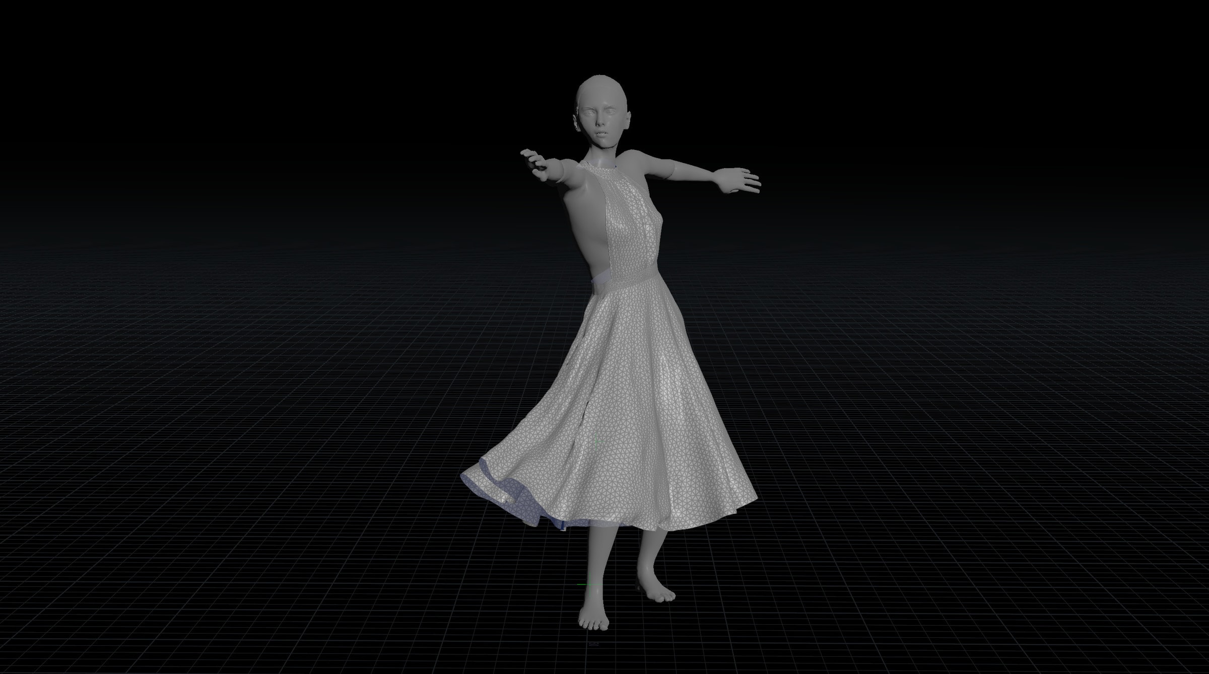 Grey simulation preview of the dress flaring as the dancer turns